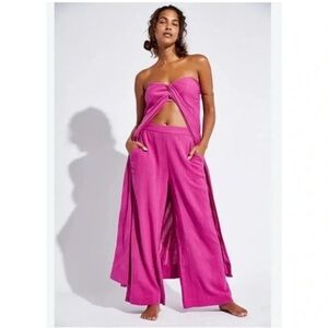 New  Free People Banita Set Two Piece Pants Top Linen Blend in Pink Small